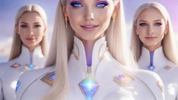 cosmic woman ,beautiful ufos rainbow, admiral from the future, galactic confédération, fine whole face, crystalline skin, expressive purple eyes,rainbow, smiling lips, very nice smile, costume pleiadian, Beautiful tall woman pleiadian Galactic commander, ship, perfect datailed golden galactic suit, high rank, long blond hair, hand whit five perfect detailed finger, amazing big puple eyes, mouth, high définition lips, cosmic happiness, bright colors