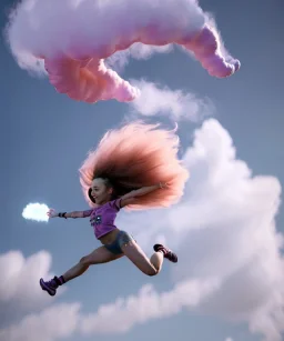 Ultra realistic clouds sky scene, wide angle, medium shot view, sweet childs, color smoke fog, free jumping flying, trinkets, monster hair, hair monster, jelly beans, balls, smile, happy, circus style, inflatable color clothing, extreme, wind, clouds sea, 20,000 feet altitude, stratosphere, soft color, highly detailed, unreal engine 5, ray tracing, RTX, lumen lighting, ultra detail, volumetric lighting, 3d, finely drawn, high definition, high resolution.