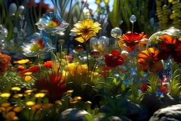 Surreal glass flowers, ultra detailed, ultra realistic, extremely realistic, intricate, photorealistic, epic composition, masterpiece, beautiful landscape, sunlight