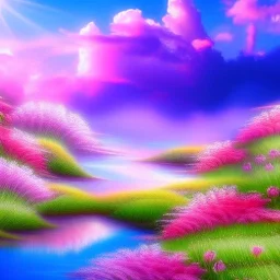 beautiful dream, mystical, cascades, delicate flowers, masterpiece, pastel colors, blue river, pink clouds,8k