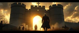 Peter walking toward the castle gates with loyal allies, Flagg’s influence fading, sunlight breaking through clouds — a sense of justice and peace.