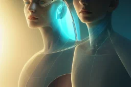 detailed sharp focused portrait very beautiful cyborg transparent glossy glass skin surrounded glowing tubes inside an incubator futuristic hospital bio lab, intricate rendered by beeple, by syd meade, by android jones, by yoanne lossel, by artgerm and greg rutkowski, space art concept, sci - fi, digital art, unreal engine, wlop, trending artstation, sharp focus