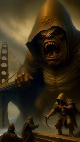 Bosch nightmares paining style Title:the angry giant hooded creature taller than San Francisco golden bridge , 8k artistic photography, photorealistic concept art, soft natural volumetric cinematic perfect light, chiaroscuro, award-winning photograph, masterpiece, oil on canvas, Raphael, Caravaggio’s, Greg Rutkowski, people, beksinski, Giger