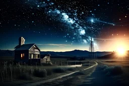 fictitious runaway hit vintage sci fi wifi dystopian horror mystery fantasy tv series. award winning set design/special effects. exterior shot. bountiful landscape beneath the moon & Milky Way. whizzing across the sky is a dazzling shooting star