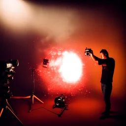 Monster photographer destroing camera in his studio. Smoke. Orange spot light. Particles in the air., post-apocalyptic, hyperdetailed, extreme long shot, bokeh, studio lighting, low-key lighting, kodachrome