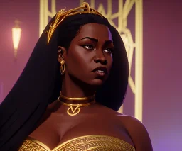 A portrait of a beautiful curvaceous black woman with long straight curly black hair, wearing a gold crown, and a gold intricate detail gown, yoruba culture, orixa, running, magical, ethereal, gown, sharp lighting, cimematic lighting, misty. Painting, high quality, Ultra quality 8k.