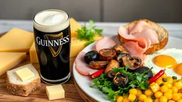 A glass of Guinness stout, a platter of cheeses, a chunk of freshly baked bread with butter and sliced ham, fried eggs, fried black pudding, fried mushrooms, watercress, sliced red chillies, bubble and squeak, butter. Award-winning colour photograph.