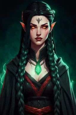 Beautiful young Hexblood warlock female character. Long straight jet-black hair to the waist. Half-up hairstyle with two loose Dutch braids on each side. Bright glowing pale emerald-red eyes. Delicate face. High cheekbones. Full lips. Soft smile. Faint dark vine markings on face and neck. Black long cloak. Scars, markings and tattoos. Shadow around . Realistic dark fantasy. Highly detailed. Cinematic lighting.