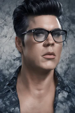 Elvis Presley, Billy Idol Hybrid, 4k UHD, photorealistic, ((big, full, plump, pouty lips:1.5)) black hair, big cat-eye eyeglasses, dark blue foggy gradated marble wall background, extremely detailed skin texture,