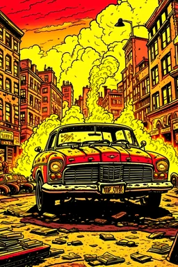 Burning oldtimer car in the city, psycho, borderlands, cartoon