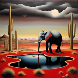 by Desmond Morris, weird grim desert wonderland, surreal elephant drinking from a red pond, matte oil painting, dark colors