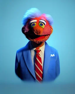 Waist up Portrait, joe Biden as muppet Sesame Street, Blue suit retro style, photo studio, unreal engine 5, concept art, art station, god lights, ray tracing, RTX, lumen lighting, ultra detail, volumetric lighting, 3d.