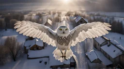 angel's view seen from one snowy owl's brown-gray feathered back as flies over a winter very small village, snowy landscape, little light, dramatic, sunrise, some small Hungarian old country houses from above, perspective, high detailed, sharp focuses, photorealistic