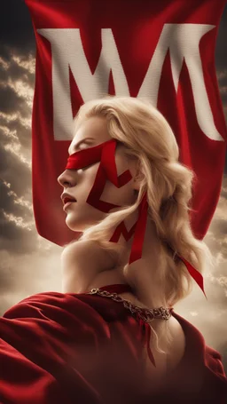 A blonde girl is blindfolded with a red cloth, with a necklace bearing the letter M around her neck. Cinematic picture