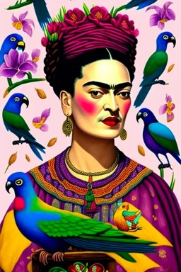 Friendly Frida Kahlo as a witch, playing with parrots, perfect iris, pastel colours, style Beatrix Potter