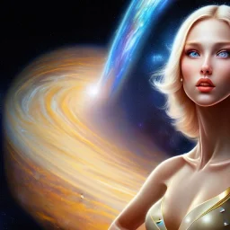 Viso bellissimo,donna venusiana con occhi chiari capelli biondi,con abito oro,blu e bianco tra le stelle nel cosmo e le astronaavi