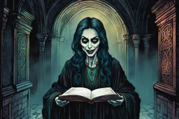 create a fine art print illustration of the spectral shade of an aged, emaciated 13th century Jewish female vampire fortuneteller, clothed in an ornate but ragged bliaud with highly detailed feminine facial features, in the catacombs of the old city of Krakow, shrouded in a fetid mist at midnight , in the comic book art style of Bill Sienkiewicz, and Jean Giraud Moebius, finely textured, drawn, colored, and inked