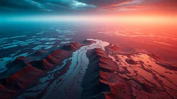 aerial view of a landscape covered in mud and rust that looks futuristic with futuristic lighting, horizon, realistic rendering