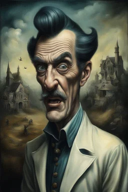 A hauntingly bizarre caricature portrait of a man, in the style of a surreal painting by Bosch Elvis nightmares