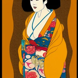 Retrato de cuerpo entero una Geisha Bella voluptuosa con kimono con el estilo de Gustav Klimt