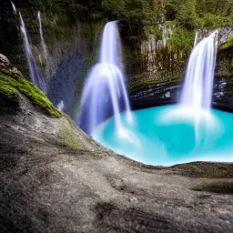 Cybeepunk picture, fantasy, three water falls, highest peak island, cave falls
