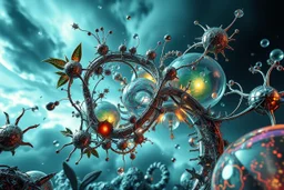 Dynamic complex hypnotic fractal 3D structures Symmetry twisting and morphing between plants and metal geometric forms , smooth translucent iridescent glass with inner glow and bubbles, varied transparent materials, stormy skies, intense dramatic