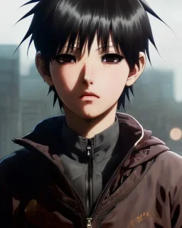 Detailed young anime boy crying, dark brown hair , intricate details, full body portrait, keep head in frame, slight, black Japanese motif, concept art, highly detailed, digital painting, concept art, sharp focus, illustration, art by Yoji Shinkawa, WLOP and greg rutkowski and alphonse mucha and artgerm and yanjun Chen and Junji ito and Makoto Shinkai, HDR, octane render