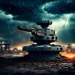 machine gun turret, storm at night, post-apocalyptic background