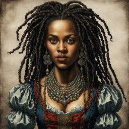 full body colored etching of an ornately dressed, malevolent, predatory vampire buccaneer girl from the French West Indies with highly detailed beaded dreadlock hair and facial features ,in the style of Rembrandt, Gian Lorenzo Bernini, and Johannes Vermeer, with a fine art aesthetic, highly detailed , realistic , 4k UHD