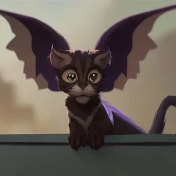 A little cute friendly cat looking gargoyle pet with goat horns and wings Nick Harris style