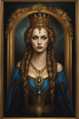 Gothic Gold framed painted portrait of a beautiful queen. her hair is long and light brown in colour and she has blue eyes, dark fantasy