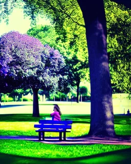 park mystycial dream, park bench, man, woman, child, dog, pretty blue and purple trees, blue path, bird, jogger, sunshine, mystical, fantasy, romanticism, digital art, movie poster, cinematic, cinematic lighting, award-winning, beautiful colors, hyper realistic, daylight, daytime, modern, pixia, blender render, vibrant, high resolution, 8k,