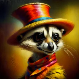 Imagine an anthropomorphic meerkat with a harlequin hat ,by Judith Leyster. in the style of August Macke, John Blanche. Modifiers: oil on canvas vibrant imperial colors hyperrealistic ultra detailed crisp quality whimsical muted colors Decadent 64K, UHD, HDR, HQ anthropomorphic face dark, gloomy, mysterious ©Miwi metallic bronze accents