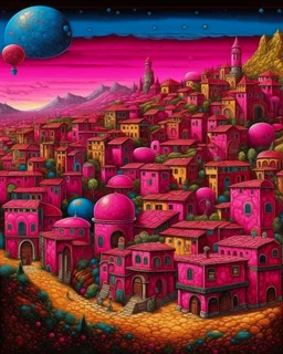 A magenta Italian town with an observatory designed in Kuna Molas painted by Albrecht Durer