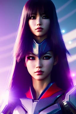 Futuristic Manga warrior, portrait from waist up, intricate eyeliner, vibrant eyeshadow, clear completion, soft lighting, 4k resolution, intricate details, insanely detailed, colorful cityscape background, masterpiece, expert, cinematic smooth, retroanime style, realistic details, no helmet