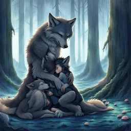 fantasy anime art from an gray bodyhair wolf female anthropomorphic wolf female hibrid kneeling hugs her two anthropomorphic wolf-kid hibrid child on field, in background tall trees wirh big trunks, rain, down on blue-green moss, hug each other , rainy day, high contrast, high detalied, atmospheric, fantasy, sci-fi mood