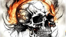 A sketch of human skull with metal growths appearing from some areas, drawn on parchment paper with the edges of the image singed by flames. Dark fantasy comic style