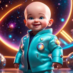 (masterpiece, best quality, 8k, RAW photo, beautiful and aesthetic:1.2), complex detail, Indirect light, photorealistic, (((full body))), Cosmic Boss Baby style smiling, bald, colorfull Sci-Fi environment