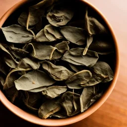 cinematic shot of tea leaves inside a glass bowl, glass, crystal, dewdrops, warm lighting, soft lighting, sunbeam, linen