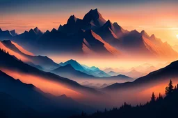 A serene mountain landscape during sunset with a blue and orange sky.