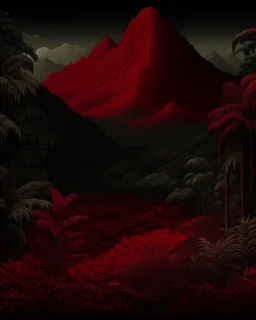 A darkish red rainforest near a volcano designed in medieval tapestry