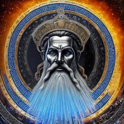 photo realistic, symetrical, centered, ultra detailed, digital art, in center is a portrait of highly detailed greek colossus god zeus wearing futuristic high tech rave glasses surrounded by galaxy codes seeking knowledge, gray beard, crown filled with crystals, detailed face with human skin color, eyes filled with galaxy, dominating colors = gray light blue and dark gold, lightning, smoke,