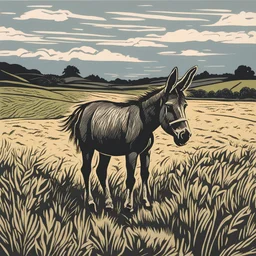 A donkey in the Welsh field painted by a fine linocut