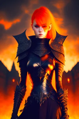 Dark Paladin, orange hair, orange eyes, standing in front of dark castle, Female, similar to berserk