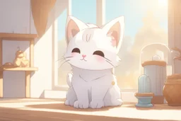 cute chibi thankful cat praying in an icy room in sunshine