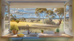 in a romantic artistic style, a view of an australian sunny peaceful landscap34 outside kitchen window