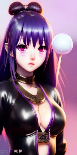 Detailed cute anime Kunoichi girl,big boobs,sexy ,licking lolipop ,red hair buns, purple bangs, black latex suimsuit, intricate details, full body portrait, keep head in frame, slight smile, black Japanese motif, concept art, highly detailed, digital painting, concept art, sharp focus, illustration, art by Yoji Shinkawa, WLOP and greg rutkowski and alphonse mucha and artgerm and yanjun Chen and Junji ito and Makoto Shinkai, HDR, octane render