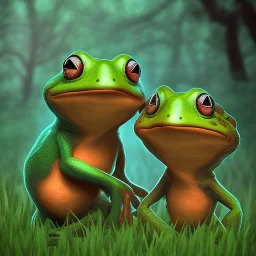 2 frogs playing in the woods, seen from back