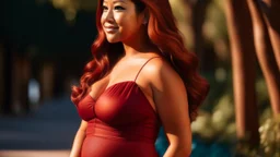 Gina Rodriguez, Curvaceous silhouette, radiant glow, flowing maternity gown, expressive eyes, fiery red tresses, youthful grace, maternal strength, poised posture, harmonious transformation, unexpected beauty, newfound confidence, maternal elegance, tender curves, round belly, symbolic attire, strength in simplicity, teenage motherhood, glowing complexion, transformative journey, captivating presence.