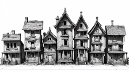 A technical front view pencil drawing of a row of dilapidated fantasy houses of different heights.